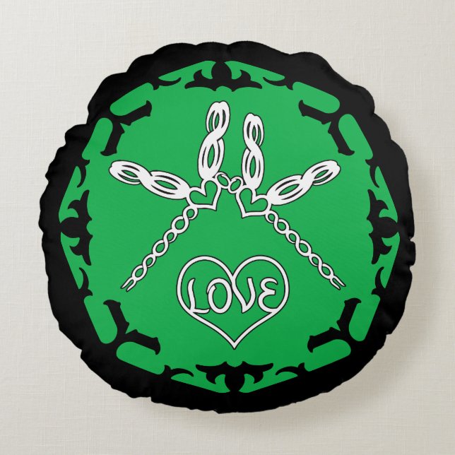 Green Heart Chakra "Love" Dragonflies Black BG Round Pillow (Front)
