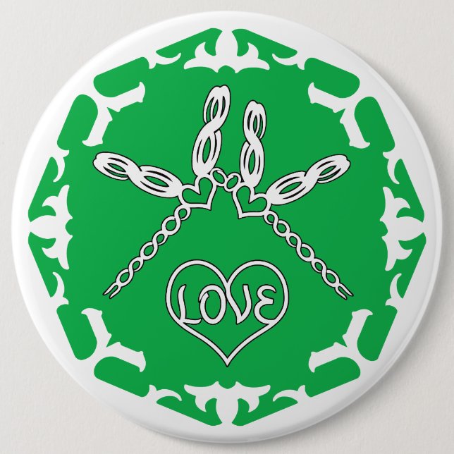 Green Heart Chakra "Love" Dragonflies White BG Button (Front)