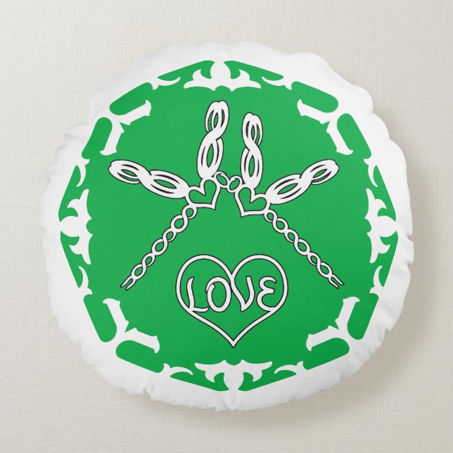 Green Heart Chakra "Love" Dragonflies White BG Round Pillow (Front)