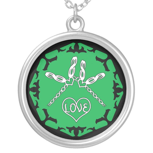 Green Heart Chakra "Love" Dragonfly Design Silver Plated Necklace (Front)