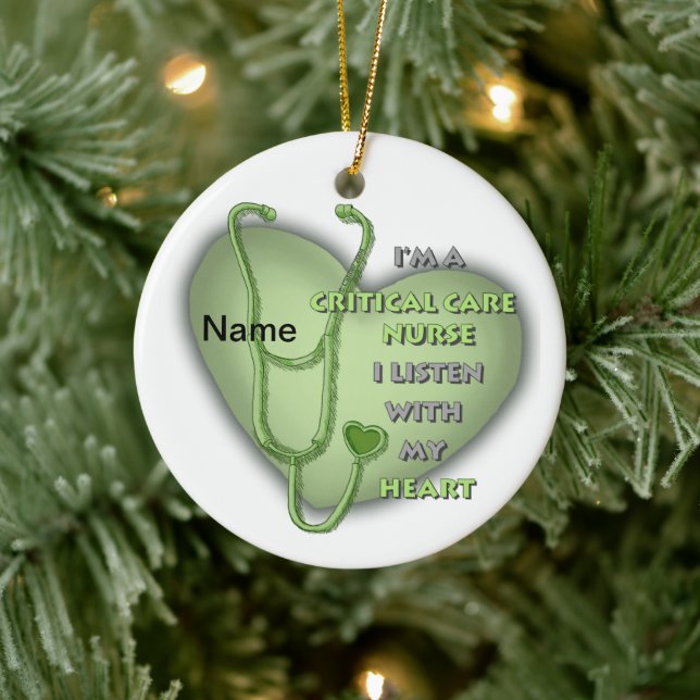 Green Heart Critical Care Nurse Ceramic Ornament (Tree)