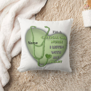 Green Heart Critical Care Nurse Throw Pillow