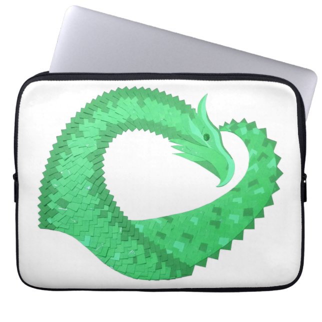 Green heart dragon on white laptop sleeve (Front)