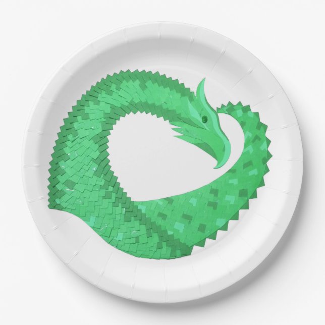 Green heart dragon on white paper plates (Front)