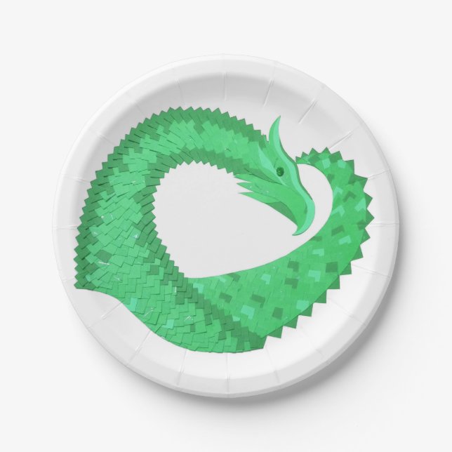 Green heart dragon on white paper plates (Front)