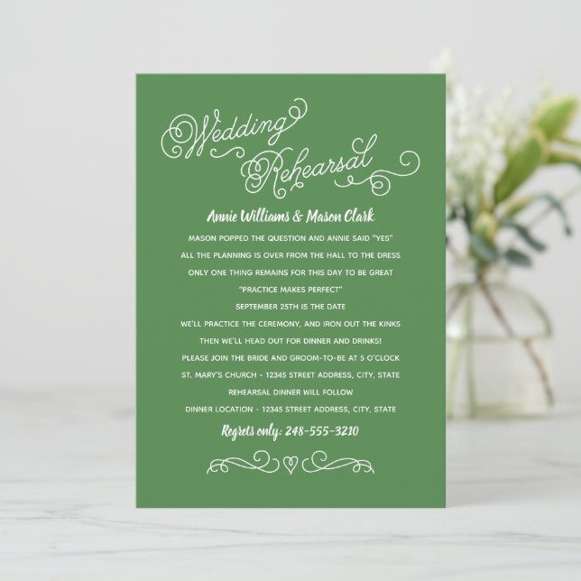 Green Heart Flourish Wedding Rehearsal Invitation (Standing Front)
