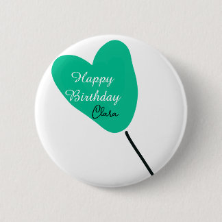 Green heart happy birthday white black balloon kid button