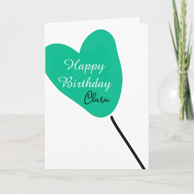 Green heart happy birthday white black balloon kid card (Front)