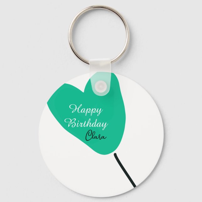 Green heart happy birthday white black balloon kid keychain (Front)