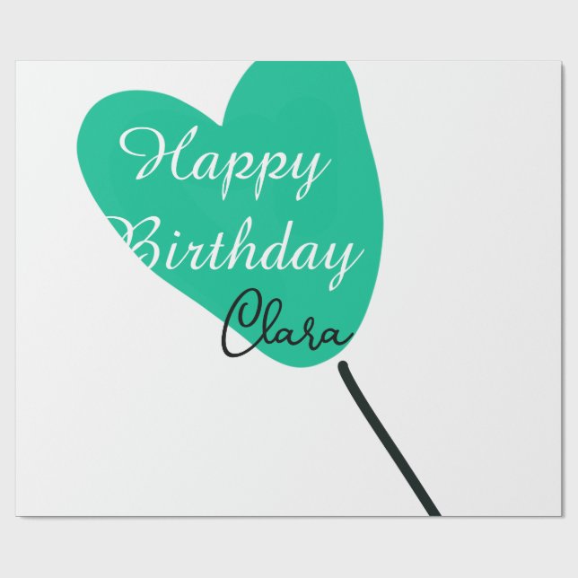 Green heart happy birthday white black balloon kid wrapping paper (Flat)