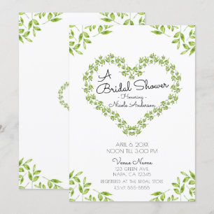 Green Heart Leaves Shabby Chic Bridal Shower Invitation