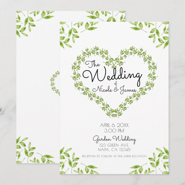 Green Heart Leaves Shabby Chic Greenery Wedding Invitation (Front/Back)