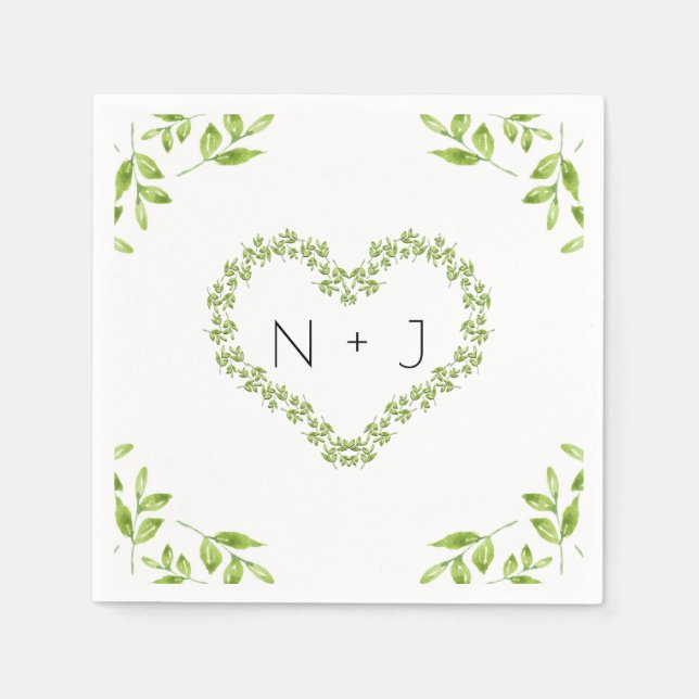 Green Heart Leaves Shabby Chic Greenery Wedding Napkins (Front)