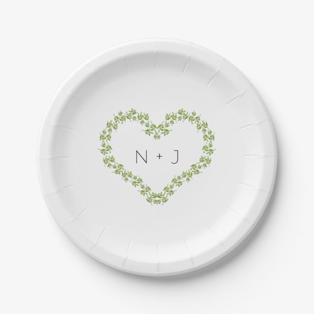 Green Heart Leaves Shabby Chic Greenery Wedding Paper Plates (Front)