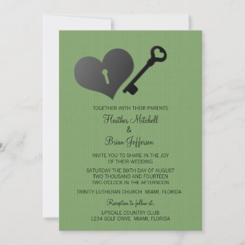 Green Heart Lock and Key Wedding Invite