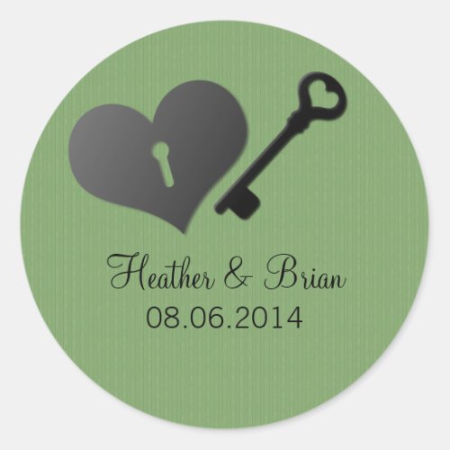 Green Heart Lock and Key Wedding Stickers