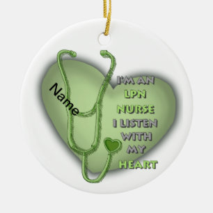Green Heart LPN Nurse Ceramic Ornament
