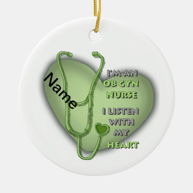 Green Heart ObGyn Nurse Ceramic Ornament (Front)