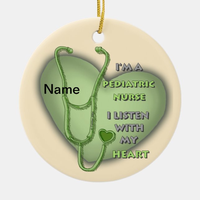 Green Heart Pediatric Nurse Ceramic Ornament (Front)