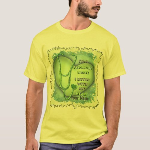 Green Heart Pediatric Nurse custom name T_Shirt