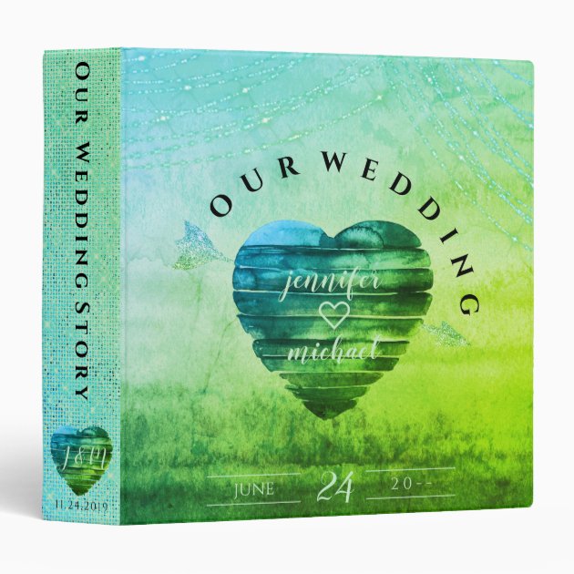 Green Heart Rustic Wood Wedding 3 Ring Binder