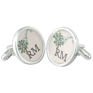Green Heart Tree on Ivory Monogram Wedding Cufflinks