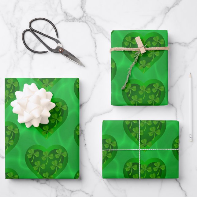 Green Heart with Shamrocks Wrapping Paper Sheets (Front)