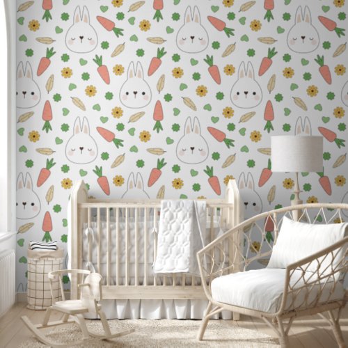 Green Hearts Bunny Carrot Neutral Nursery Pattern Wallpaper