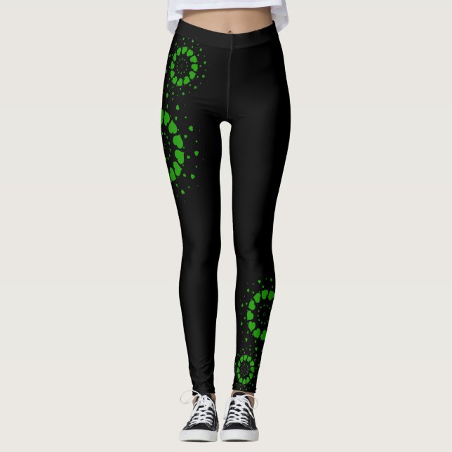 Green hearts circles design on black leggings (Front)