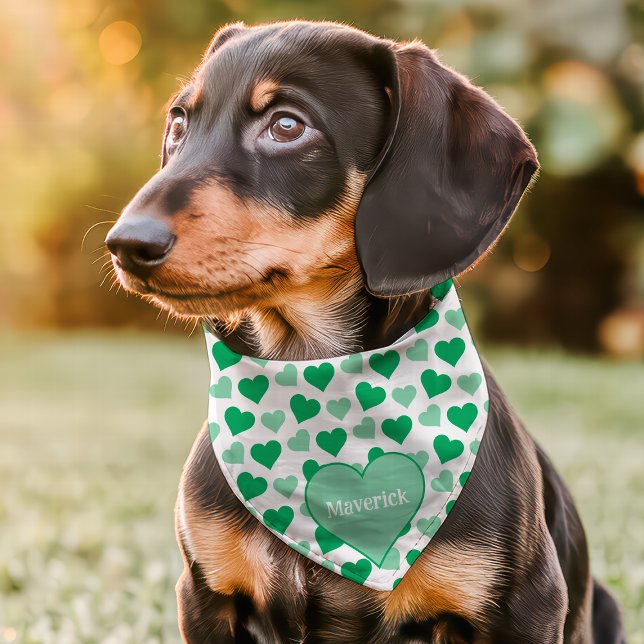 Green Hearts Cute Custom Name Pet Bandana Collar (Creator Uploaded)