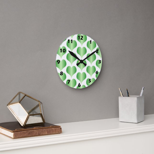 Green Hearts Design Round Clock (Office)