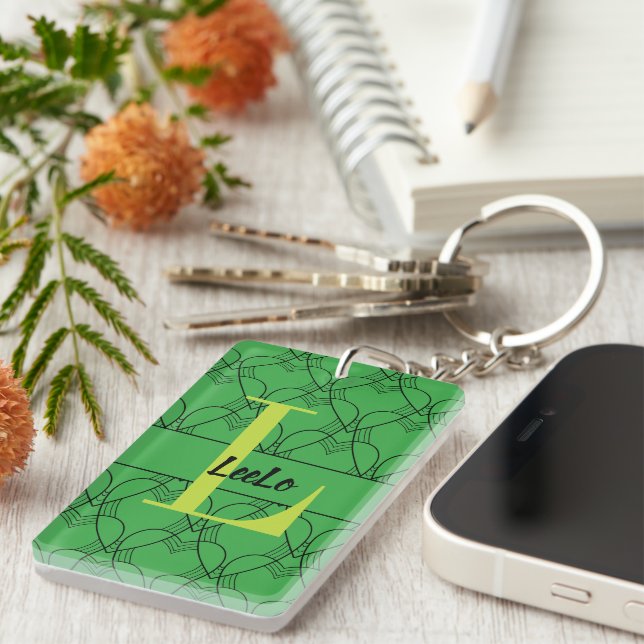 Green Hearts Monogram and Name with Email Keychain (Front Right)