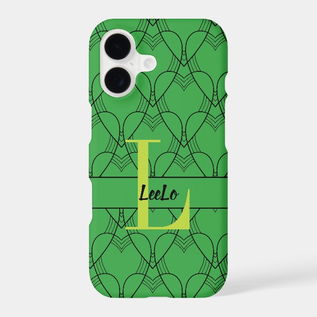 Green Hearts Pattern Monogram and Name Custom iPhone Case (Back)