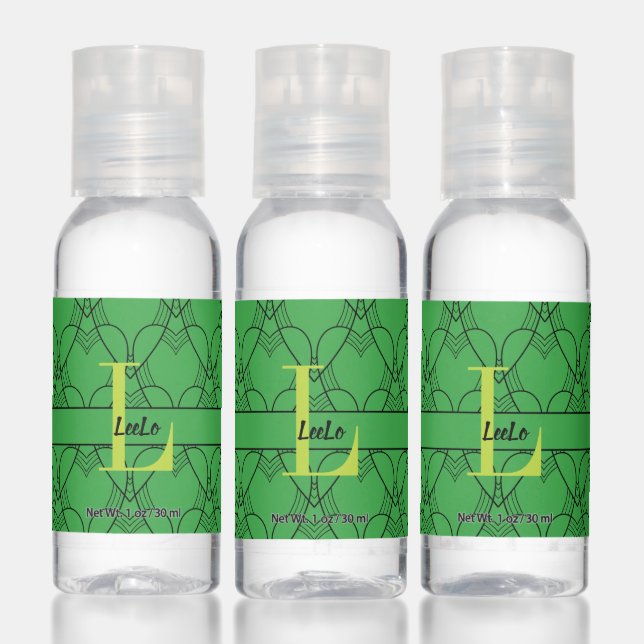 Green Hearts Pattern Monogram and Name Hand Sanitizer (Set)