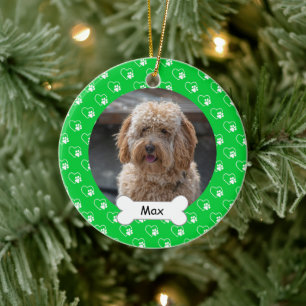 Green Hearts Paws Custom Pet Puppy Dog Photo Ceramic Ornament