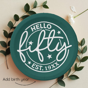 Green Hello Fifty 50th Birthday Paper Plates