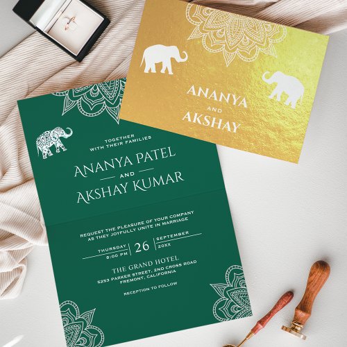 Green Henna Elephant Indian Wedding Gold Foil Card