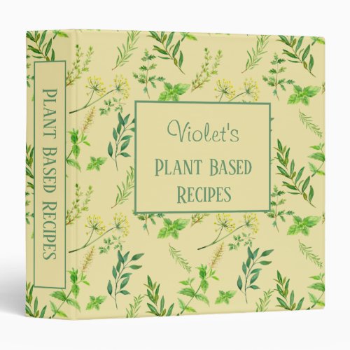 Green Herb Leaves Personalized Plant Based Recipe 3 Ring Binder