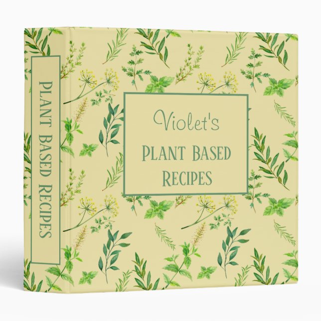 Green Herb Leaves Personalized Plant Based Recipe 3 Ring Binder (Front/Spine)