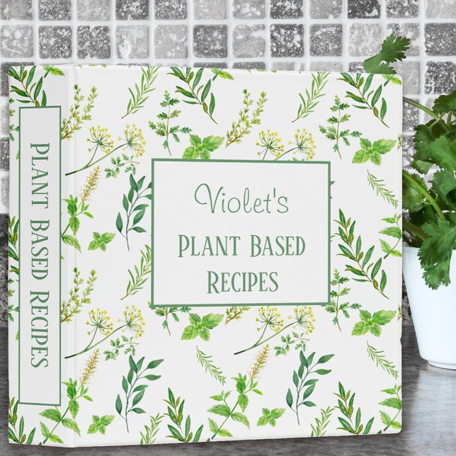 Green Herb Leaves Personalized Plant Based Recipe 3 Ring Binder (Kitchen recipe binder with fresh herb design)