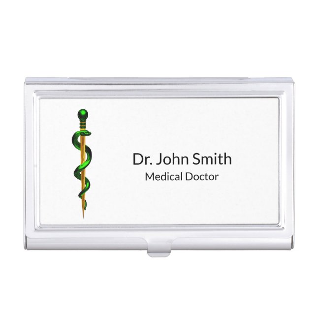 Green Herbal Gold Rod of Asclepius Medical Business Card Case (Front)