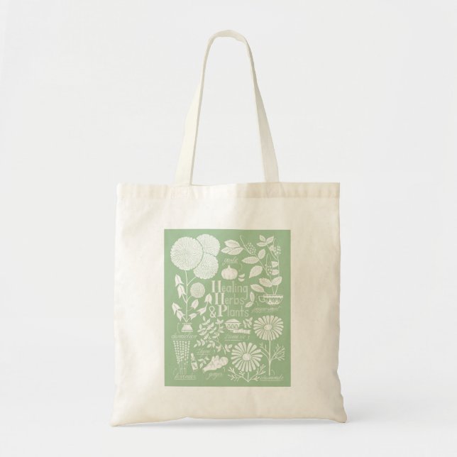 Green herbs and plants illustrated tote bag (Front)