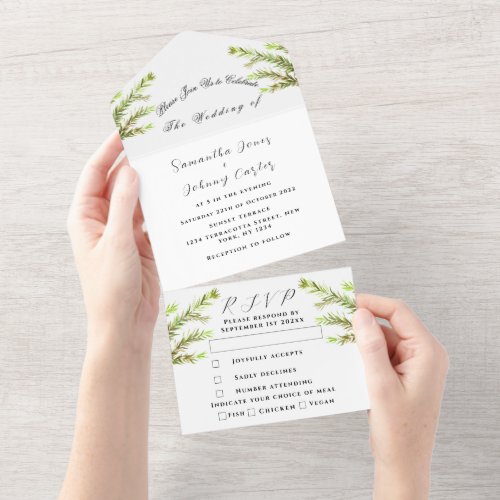 Green Herbs Watercolor Greenery Rosemary Wedding All In One Invitation