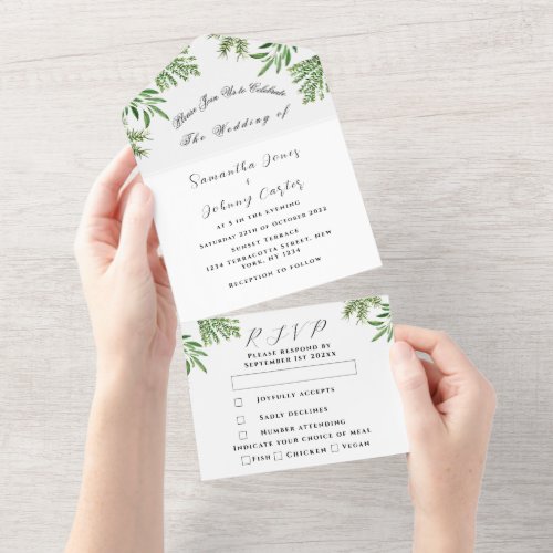 Green Herbs Watercolor Greenery Sage Thyme Wedding All In One Invitation