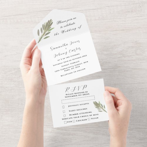 Green Herbs Watercolor Greenery Sage Wedding All In One Invitation