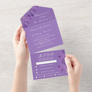 Green Herbs Watercolor Purple Lavender Wedding All In One Invitation