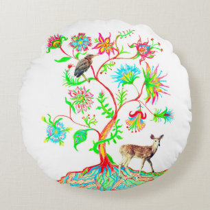 Green Heron and Deer Round Pillow
