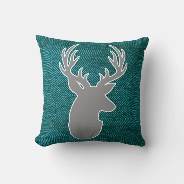 Green Herringbone Grey Deer Monogram Pillow (Front)