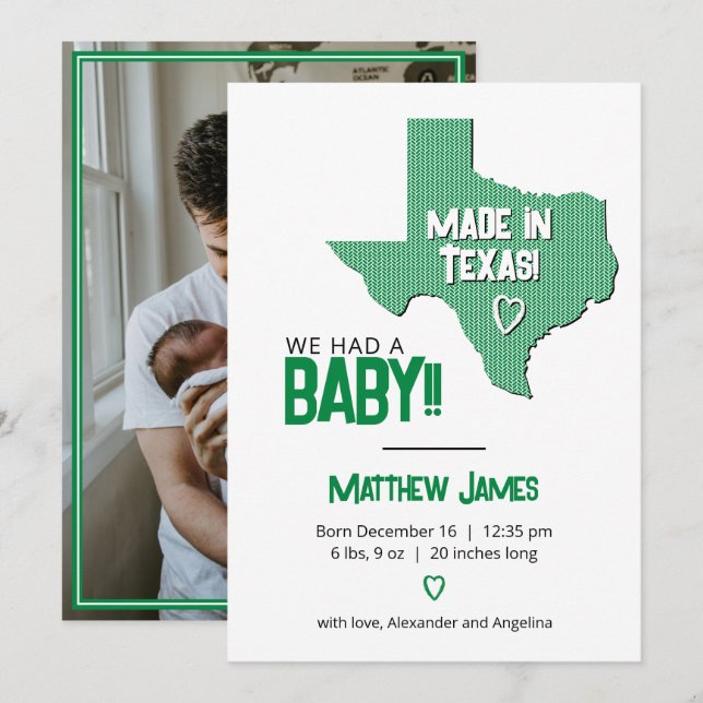 Green Herringbone Made in Texas Photo Baby Announcement (Front/Back)