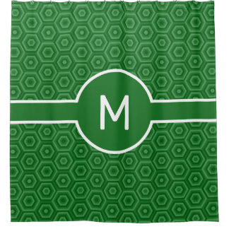 Green Hexagons with Central Monogram Geometric Shower Curtain